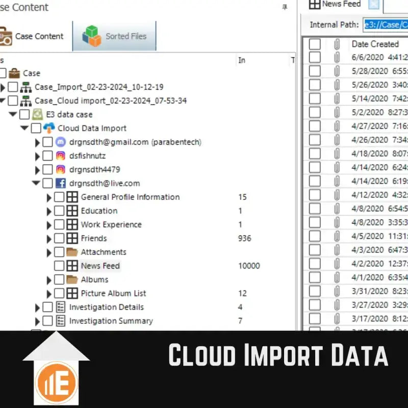 Bildschirmfoto der Cloud-Datenimportanzeige von E3:UNIVERSAL, einer Lösung für digitale Forensik und Ermittlung.