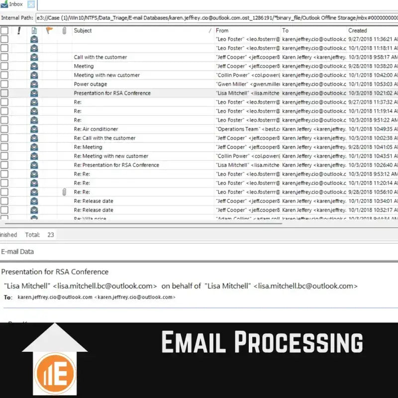 Screenshot von E3:EMAIL-Software zur Verarbeitung und Analyse von E-Mail-Archiven mit deduplizierten Nachrichten und Exportoptionen