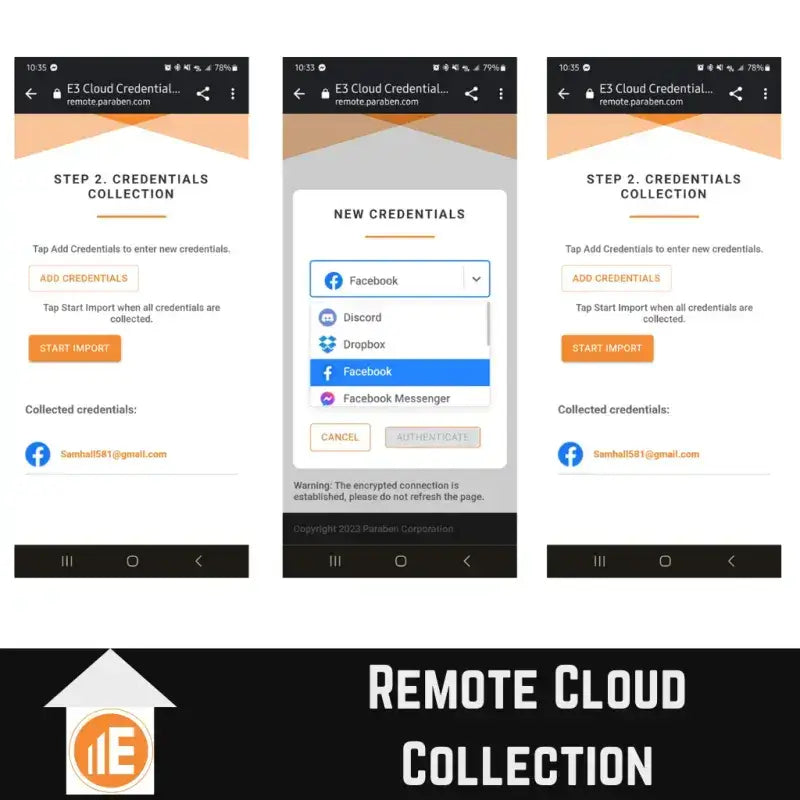 Sammlung von Cloud-Anmeldeinformationen mit E3:UNIVERSAL für DFIR- und digitale Untersuchungen. Integriert Facebook, Discord und Dropbox.