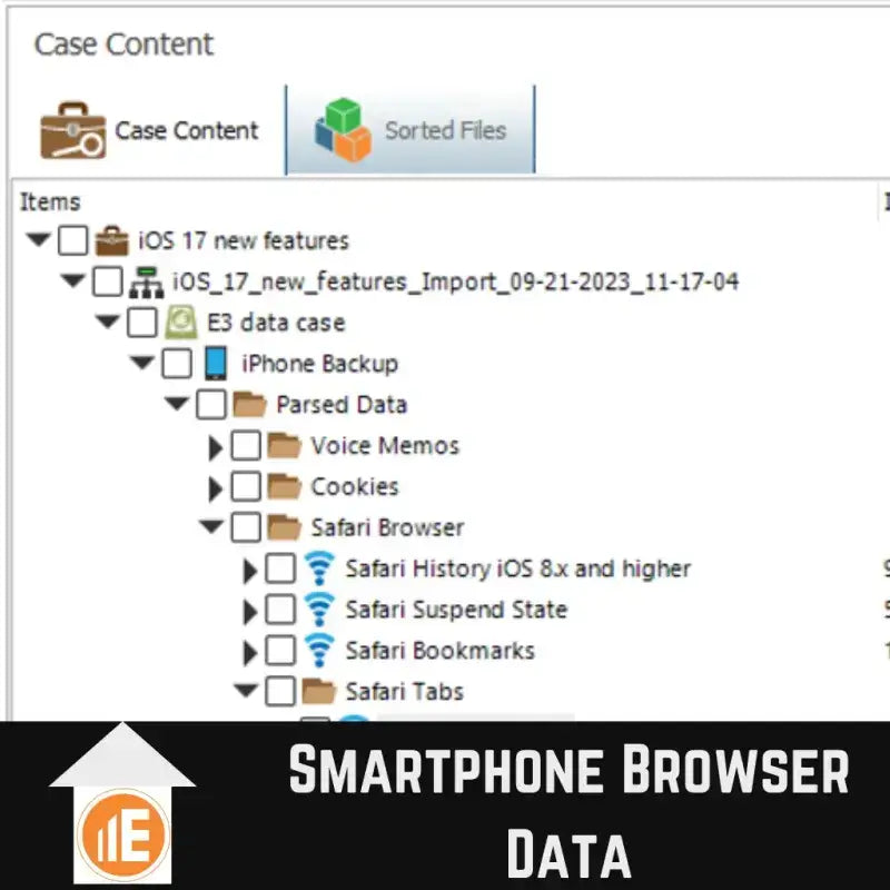 E3:UNIVERSAL zeigt Smartphone-Browser-Daten aus einer iOS 17 Sicherung. Digital-Forensik- und Ermittlungsplattform.