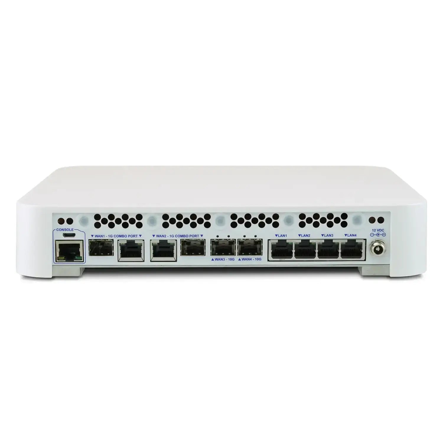 Rückansicht des Netgate 6100 Netzwerksicherheitsgeräts mit mehreren Ethernet-Ports für Unternehmen.