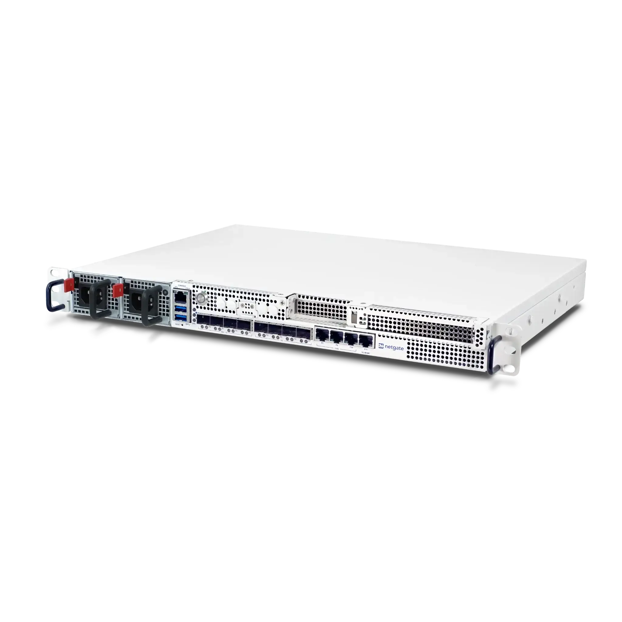 Rückansicht des Netgate 8300 Servers mit Netzwerkanschlüssen und Kühlungseinheiten.