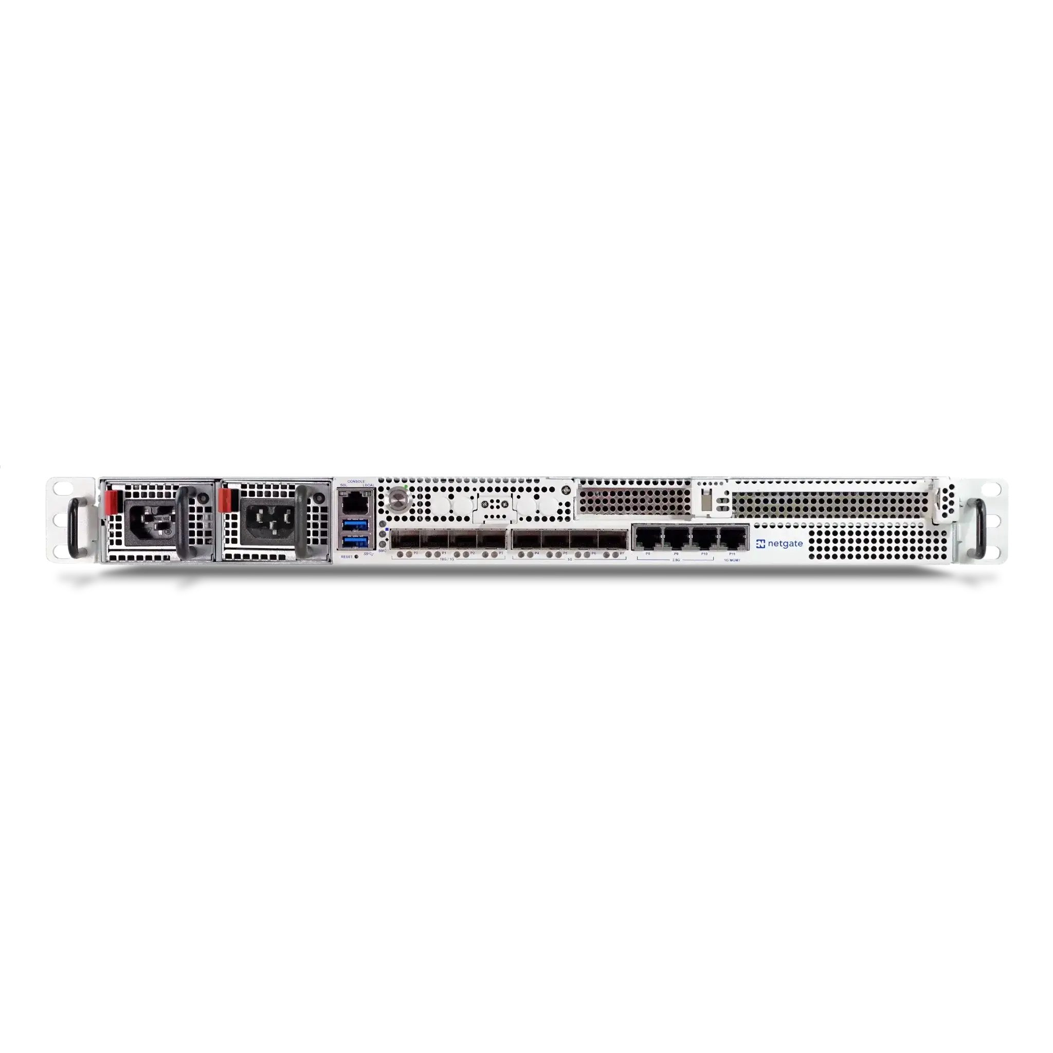 Netzwerksicherheitsgerät Netgate 8300 Rückansicht, zeigt Anschlüsse und Lüftungsschlitze. Perfekt für fortschrittliche Netzwerk-Sicherheitslösungen.