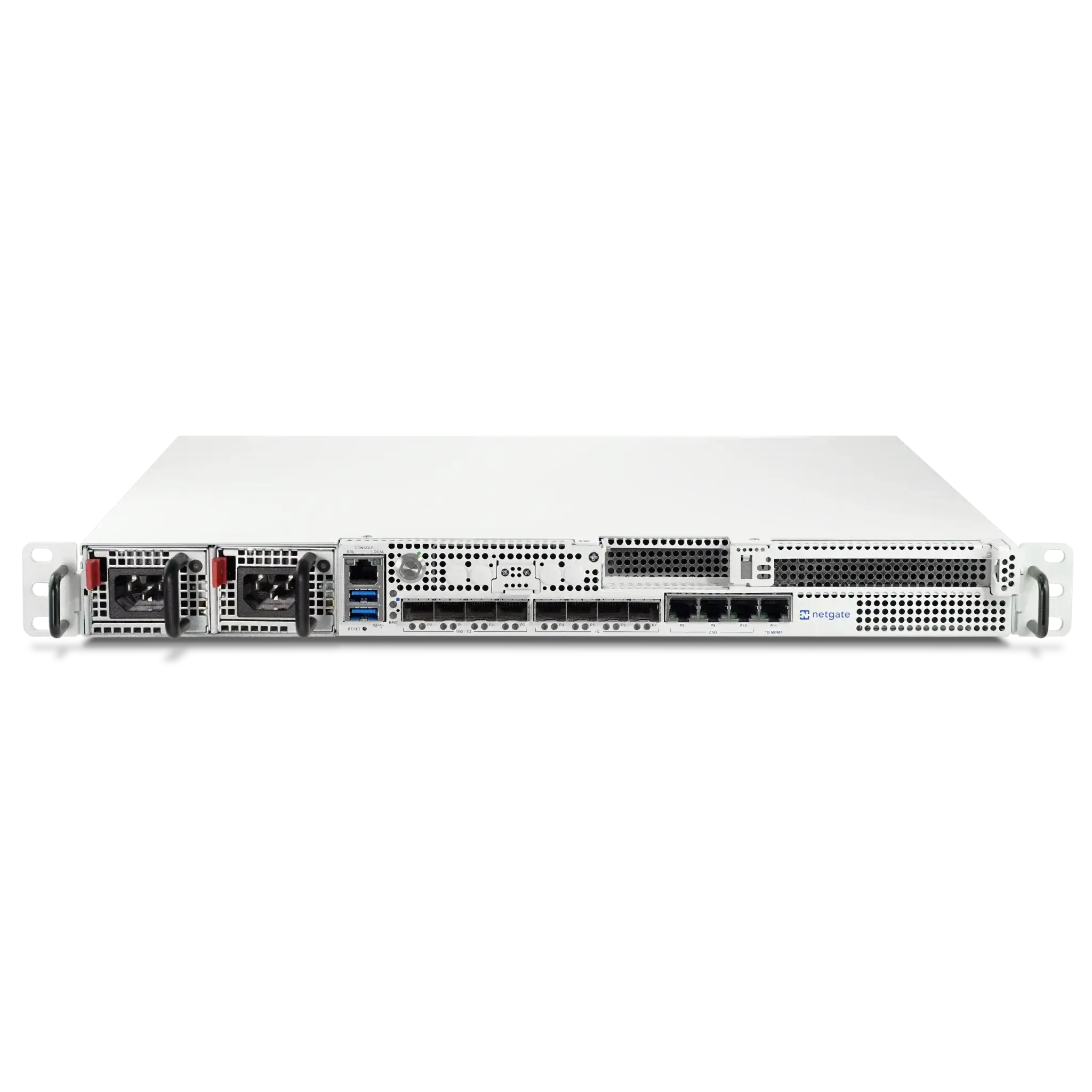 Rückansicht des Netgate 8300 Routers mit mehreren Ethernet-Ports und Kühlung.