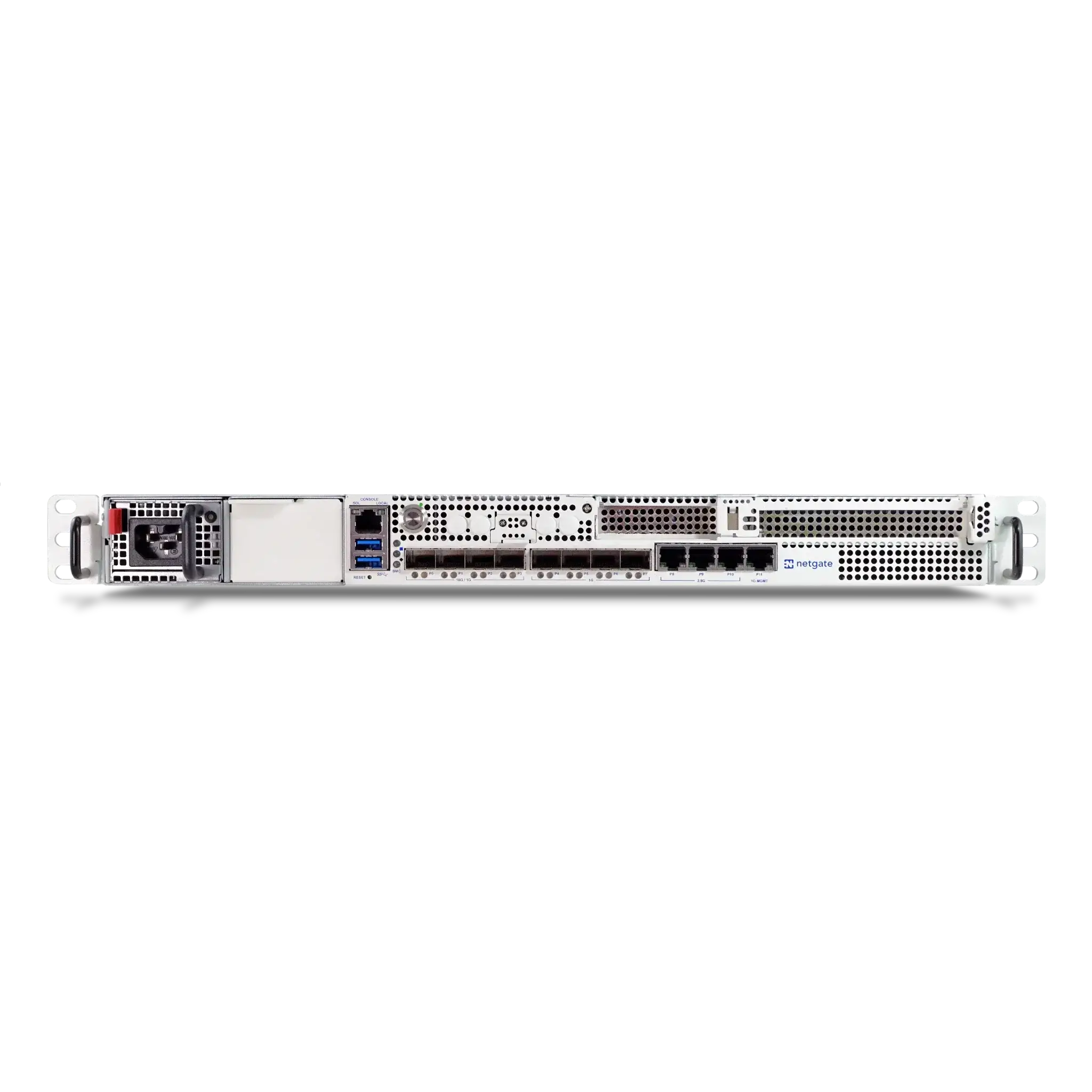 Rückansicht des Netgate 8300 Firewallsystems mit verschiedenen Anschlüssen und Lüftungsschlitzen.