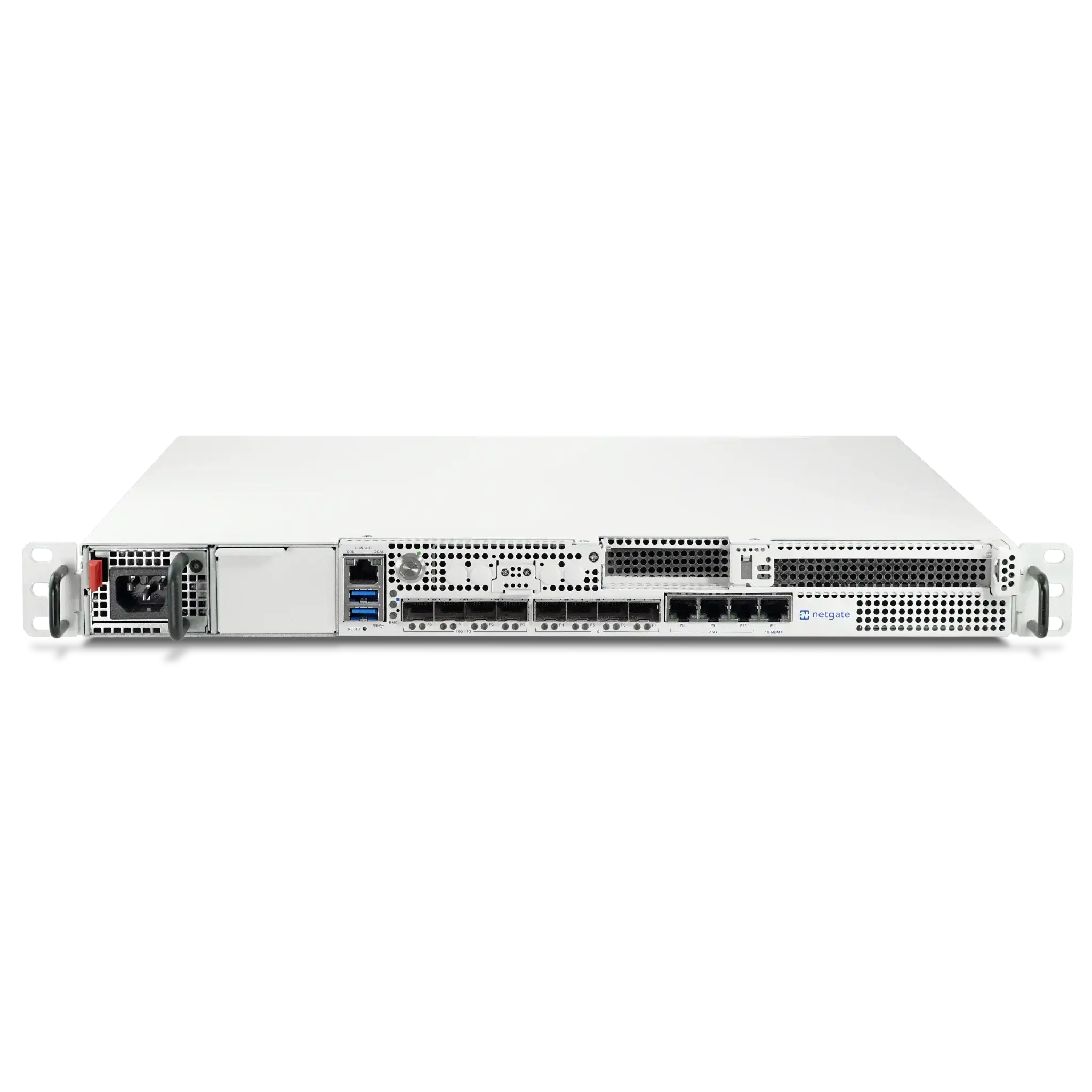Rückansicht des Netgate 8300 Firewall-Geräts mit Anschlüssen und Lüftungsschlitzen