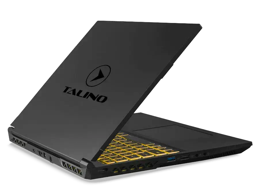 SUMURI TALINO KA-L Alpha Laptop mit schwarzem Design, geöffnet und zeigt die gelbe Tastaturbeleuchtung, Seitenansicht.