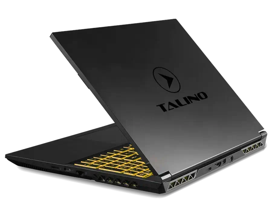Seitliche Ansicht des SUMURI TALINO KA-L Alpha Laptops mit beleuchteter Tastatur und modernem Design
