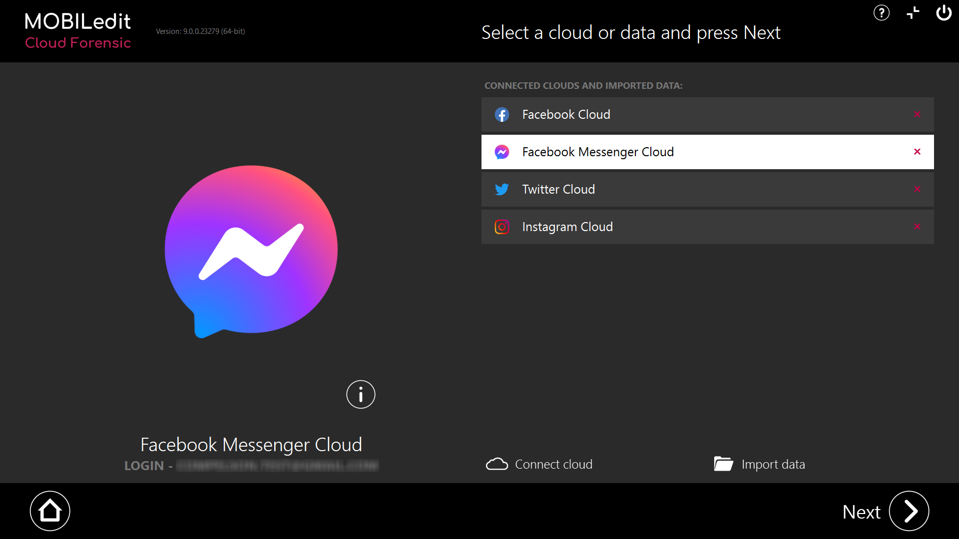 Bildschirm von MOBILedit Cloud Forensic zeigt Facebook Messenger Cloud verbunden. Optionen für Facebook Cloud, Twitter Cloud und Instagram Cloud.
