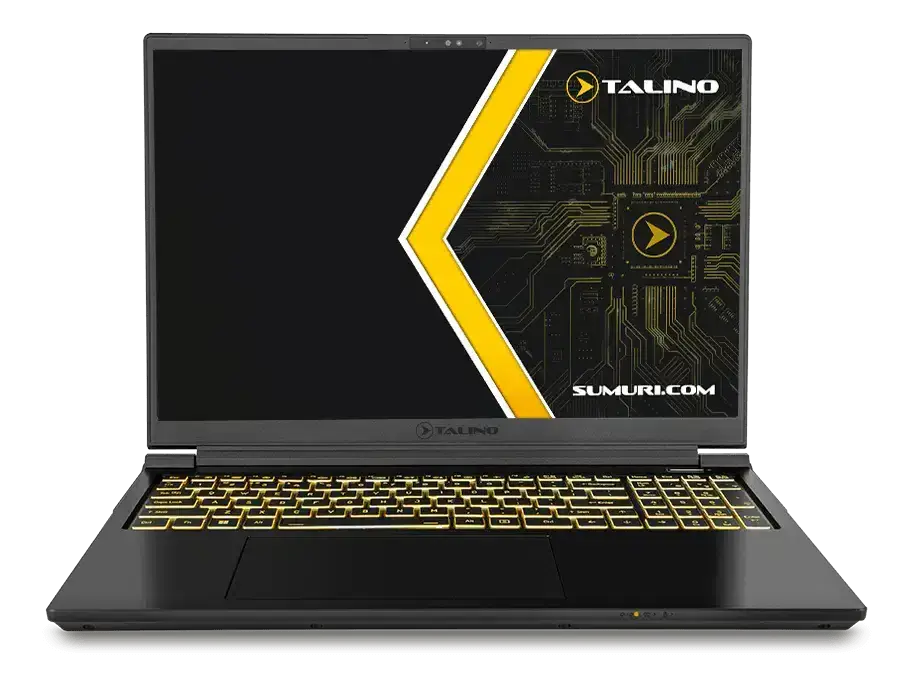 SUMURI TALINO KA-L Gamma Laptop mit beleuchteter Tastatur und Logo auf dem Bildschirm in Schwarz-Gelb Design