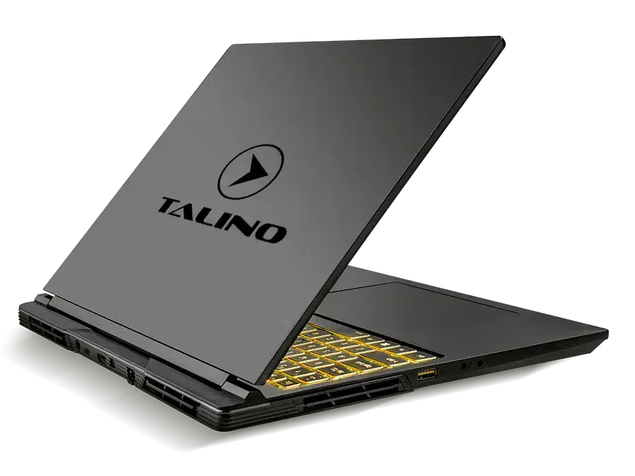 Leistungsstarker SUMURI TALINO KA-L Gamma Laptop mit beleuchteter Tastatur und TA-L Logo, Half Open.