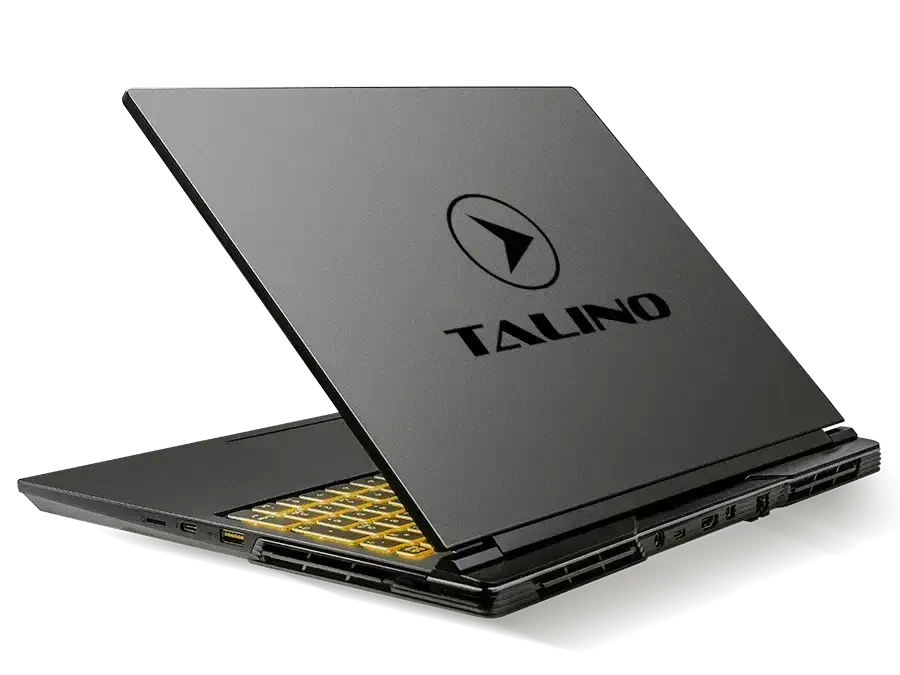 SUMURI TALINO KA-L Gamma Laptop, Rückansicht mit gelber Tastaturbeleuchtung.