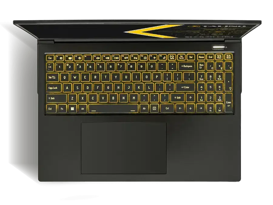 Schwarzer SUMURI TALINO KA-L Gamma Laptop mit gelb beleuchteter Tastatur, deutsche Produktbeschreibung