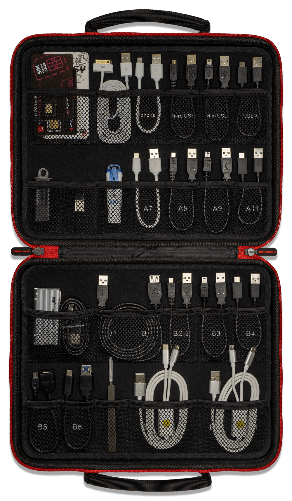 MOBILedit Connection Kit - umfangreiches Kabel- und Adapterset in einer organisierten Tragetasche, geeignet für verschiedene Geräte.