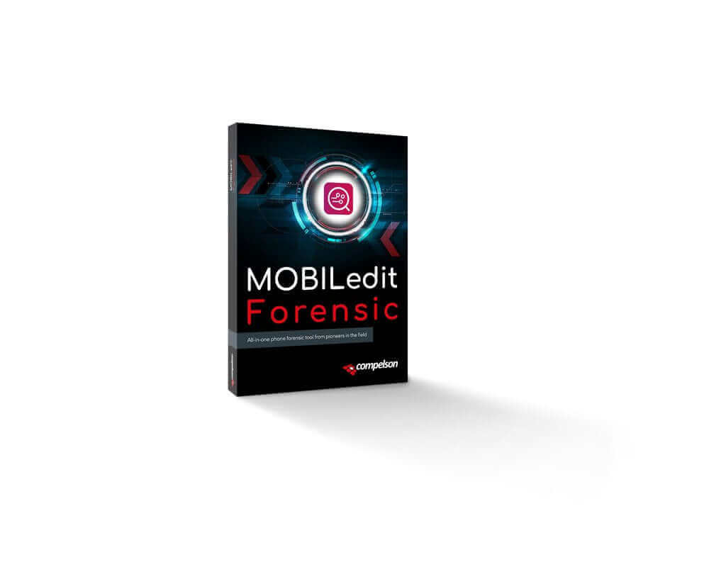 MOBILedit Forensic Software-Box zur Datenextraktion aus Mobiltelefonen, Smartwatches und Cloud-Diensten auf weißem Hintergrund