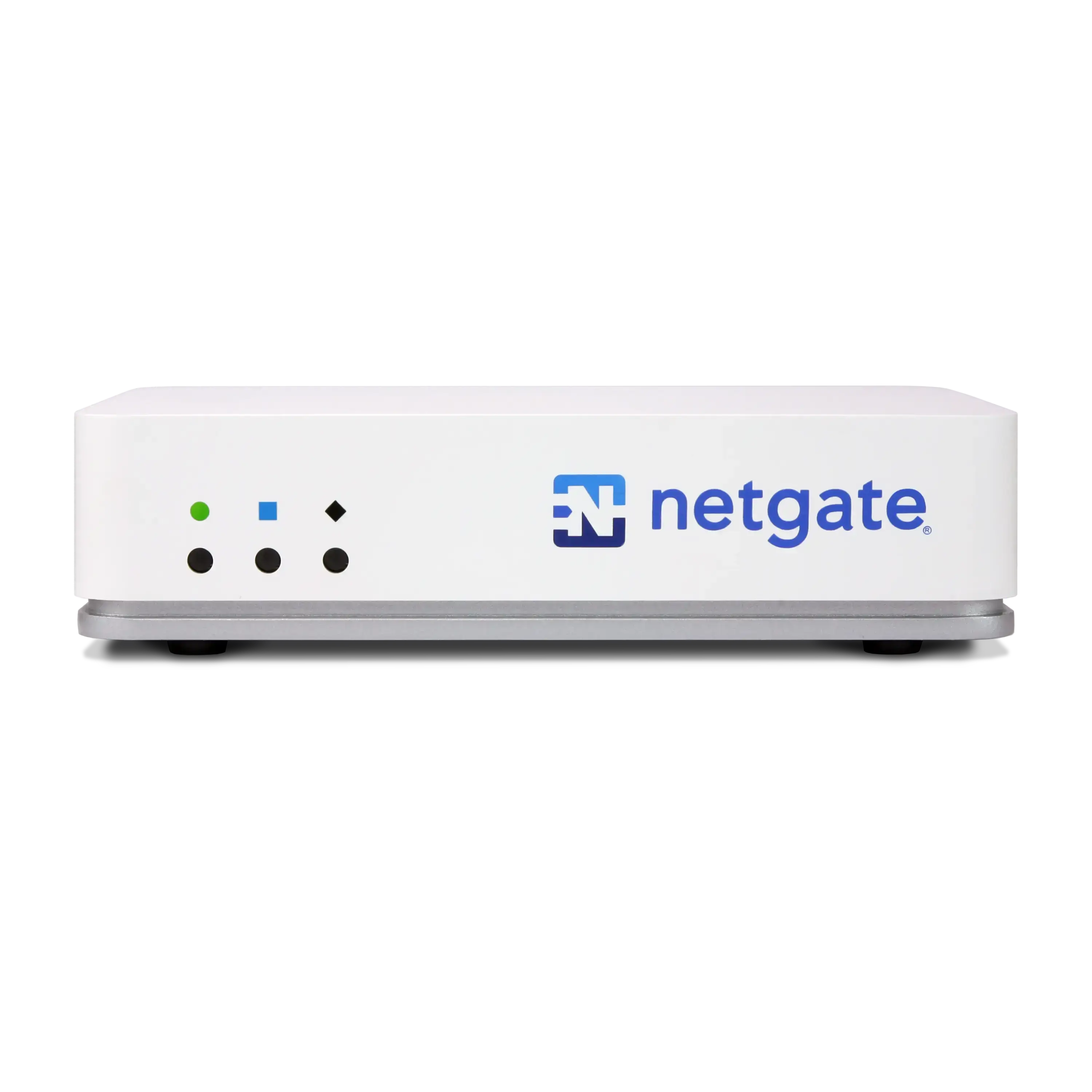 Netgate 2100 Netzwerk-Sicherheitsgerät, Vorderansicht, weißes Gehäuse, blaue Netgate-Logo, grüne und schwarze Anzeigelichter