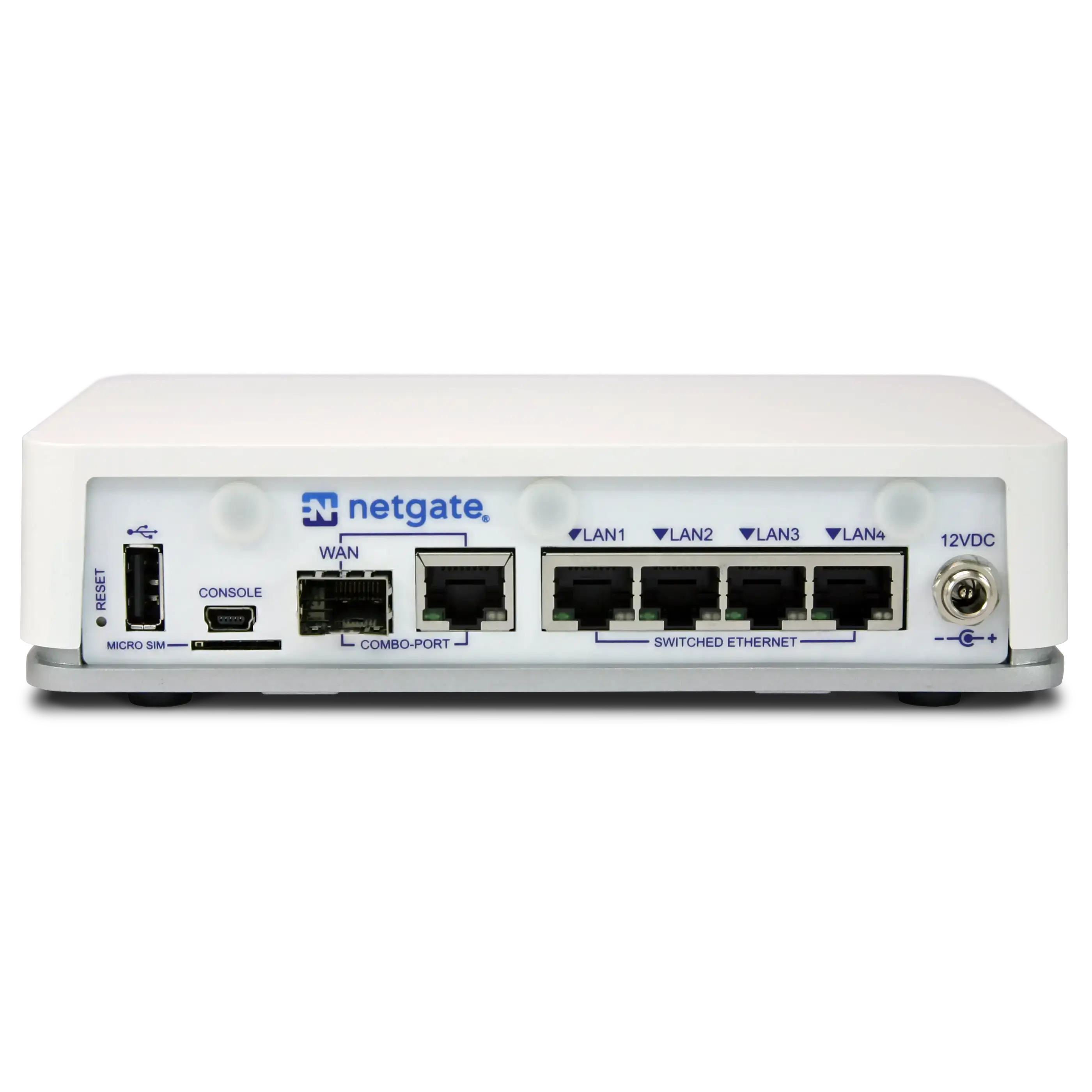 Netgate 2100 Netzwerkgerät Rückseite mit Anschlüssen für WAN, LAN1, LAN2, LAN3, LAN4, Konsole und Combo-Port