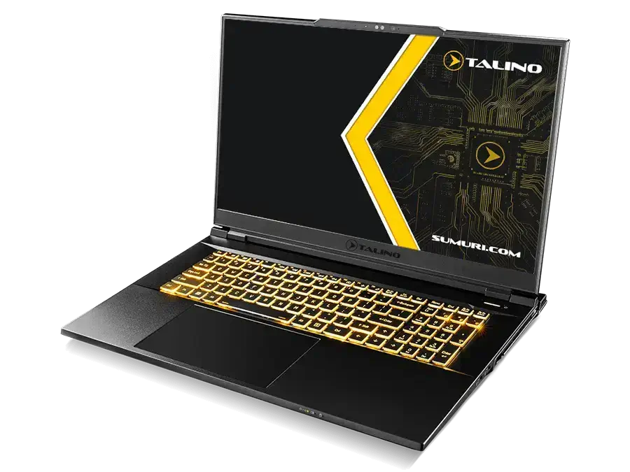 Hochleistungs-Forensiklaptop SUMURI TALINO KA-L Omega mit gelb beleuchteter Tastatur und geöffneter Bildschirmansicht.