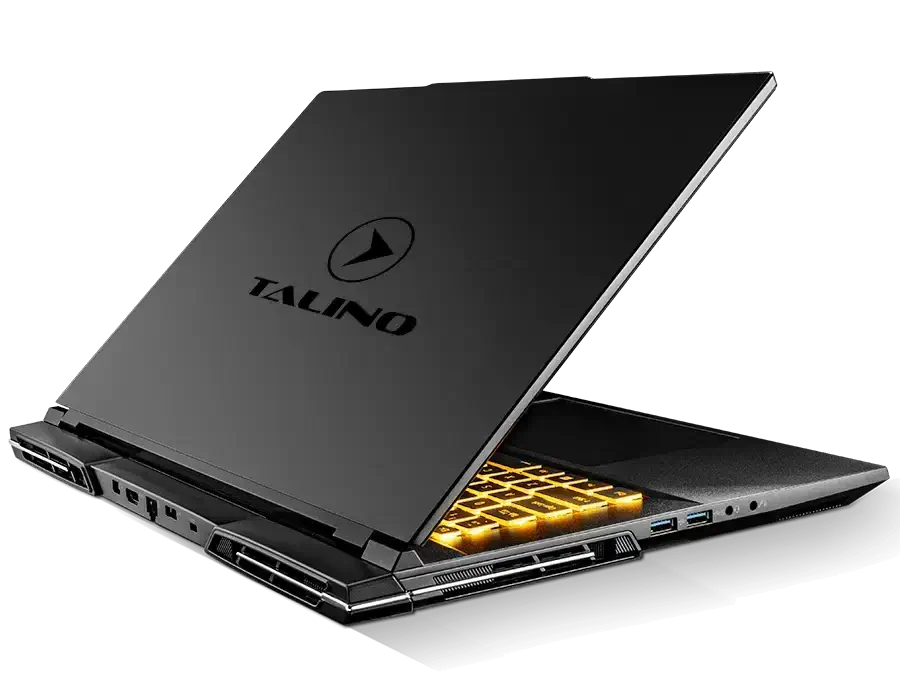 Rückansicht des SUMURI TALINO KA-L Laptops mit offenem Deckel und gelb beleuchteter Tastatur für eDiscovery und Incident Response