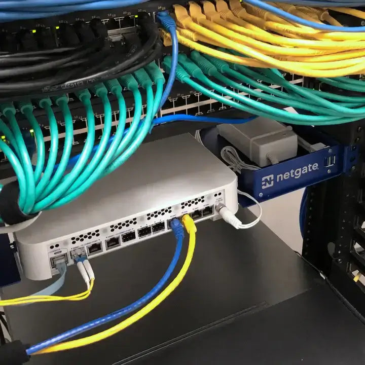 Netzwerkkabel und Netgate 4200/6100 1U Rack Mount Kit in einem Server-Rack montiert.
