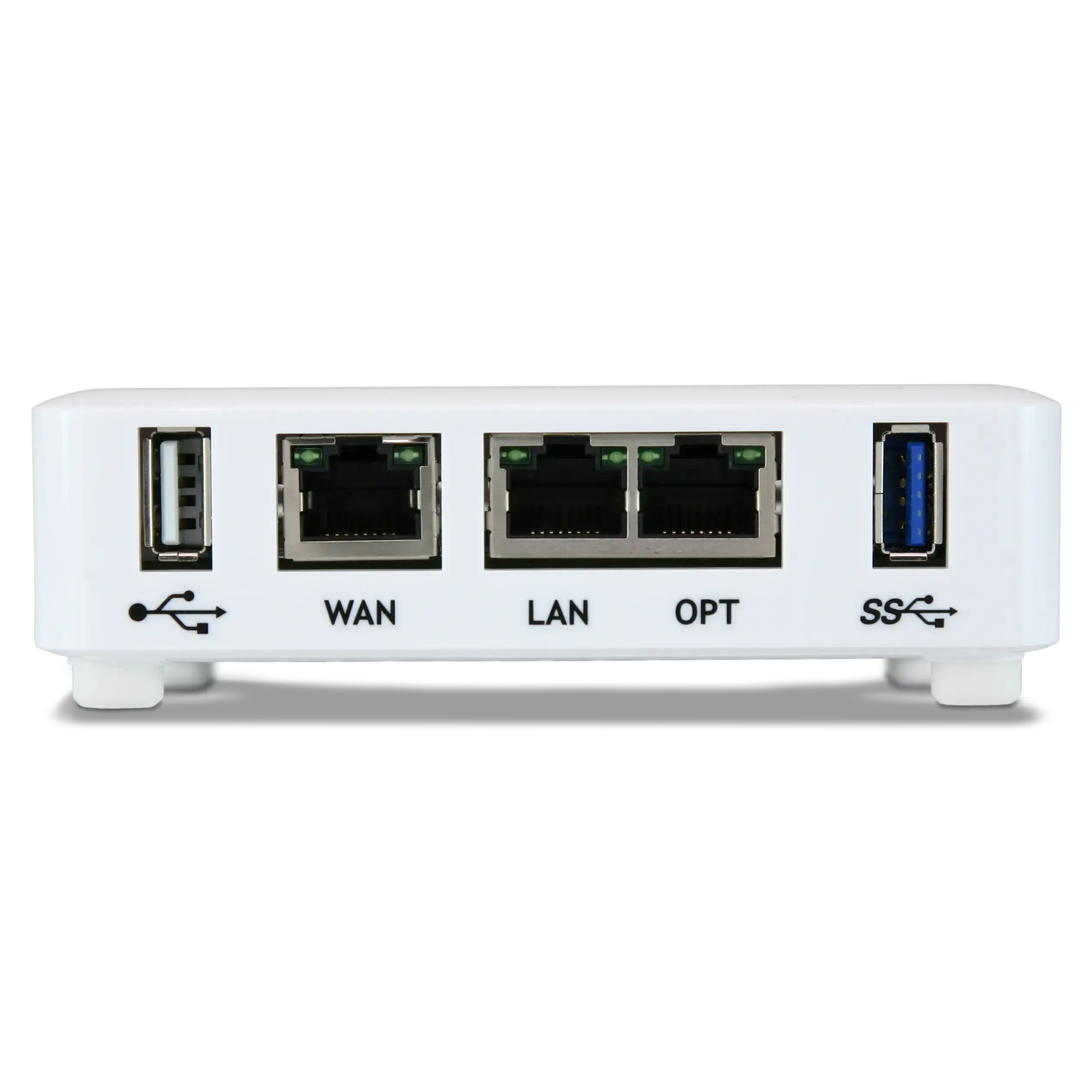 Rückseite des Netgate 1100 Netzwerkgeräts mit WAN-, LAN- und OPT-Anschlüssen sowie USB-Ports