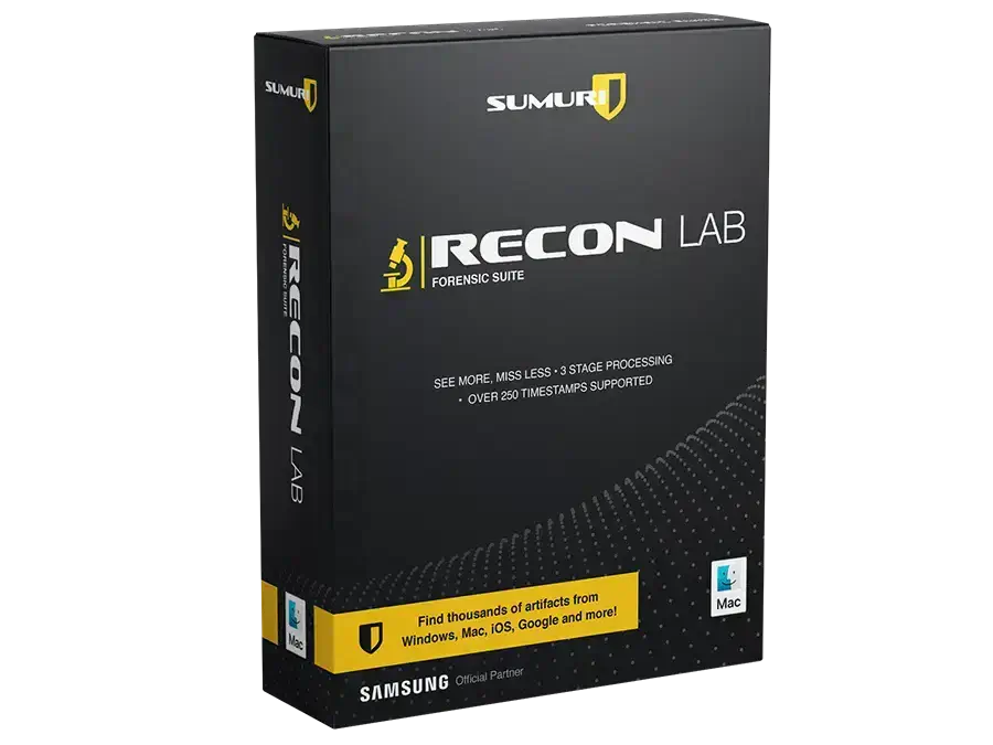 Box des SUMURI RECON LAB Forensic Suite für die dreistufige automatisierte Analyse von Windows-, macOS- und iOS-Artefakten.