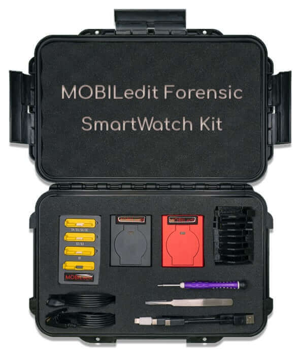 Mobiledit Forensische Smartwatch-Kit mit Werkzeugen in einem schwarzen Gehäuse