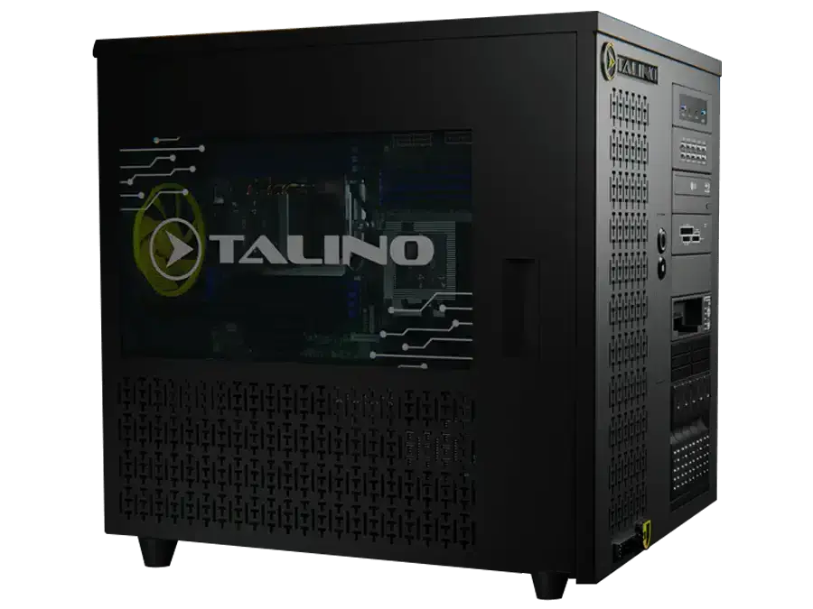 Hochleistungs-Forensik-Computer SUMURI TALINO KA-3003 mit schwarzem Gehäuse und transparentem Seitenfenster.