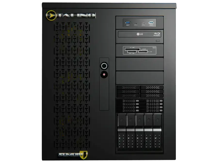 SUMURI TALINO NUIX Computergehäuse mit mehreren Laufwerksschächten und Lüftungsgitter, ideal für leistungsstarke Anwendungen.