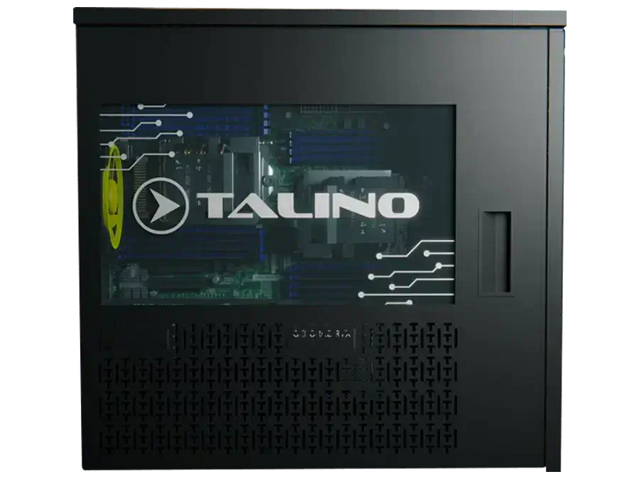 Hochleistungscomputer SUMURI TALINO KA-VIZ in schwarzem Gehäuse und durchsichtigem Seitenpanel
