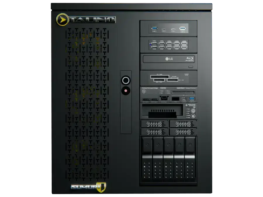 SUMURI TALINO KA-VIZ Server - Frontansicht eines leistungsstarken, schwarzen Hochleistungscomputers mit mehreren Anschlüssen und Laufwerken.