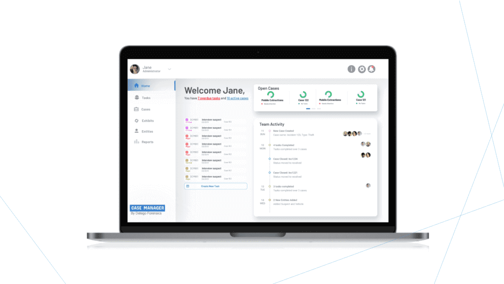 Screenshot der DETEGO Case Management System Plattform auf einem Laptop, zeigt Teamaktivität und offene Fälle.