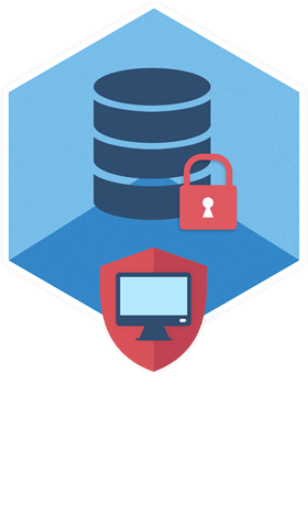 Symbol für erweiterte SQL-Passwortwiederherstellung mit Datenbankspeicher, Vorhängeschloss und Computerschild.