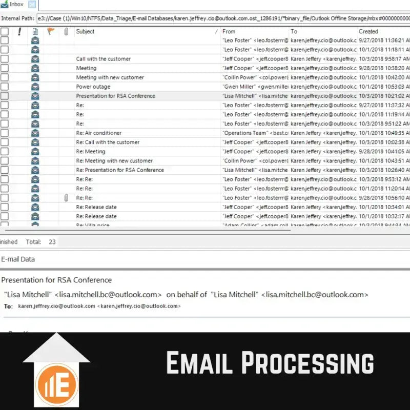 E-Mail-Verarbeitungssoftware zeigt Liste von E-Mails und Metadaten für digitale Ermittlungen