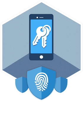 Symbol für mobilen Datenschutz mit Smartphone, Schlüsseln und Fingerabdruck, repräsentierend das Elcomsoft Mobile Forensic Bundle.