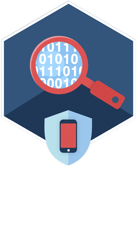 Symbol der Elcomsoft Phone Viewer Software mit Lupe, Binärzahlen und Smartphone, Darstellung der Datenanalyse und -entschlüsselung