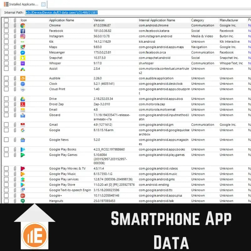 E3:UNIVERSAL DFIR-Software zeigt erfasste Smartphone-App-Daten zur digitalen forensischen Analyse und Untersuchung.