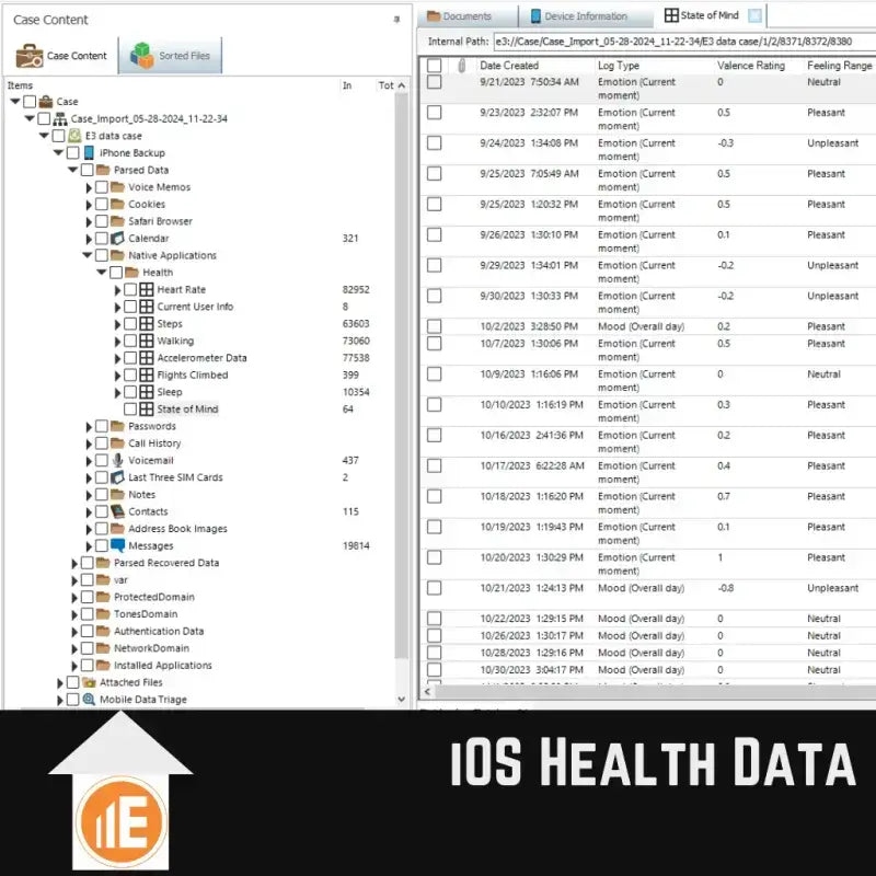 DFIR-Software E3:UNIVERSAL zeigt iOS-Gesundheitsdatenbeispiel und Benutzeroberfläche für digitale Ermittlungen