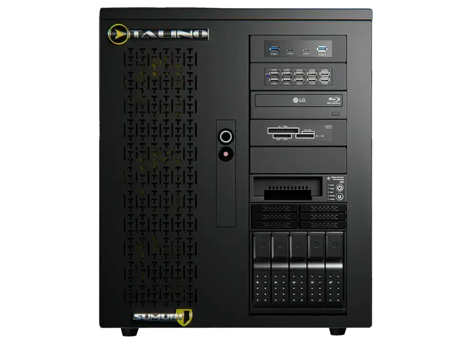 SUMURI TALINO KA-3003 Hochleistungsrechner für fortgeschrittene Computerforensik, Frontansicht mit mehreren Laufwerksschächten in Schwarz.
