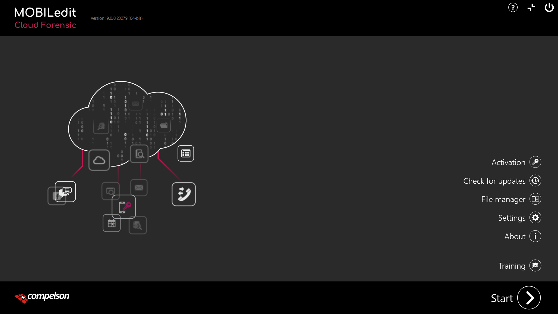 Startbildschirm der Software MOBILedit Cloud Forensic mit Menüoptionen und einer Grafik einer Cloud.