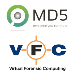MD5 und VFC7 Logos für Virtual Forensic Computing-Software für digitale forensische Untersuchungen und Cybersicherheit.